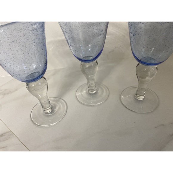 3 Artland Iris Light Blue Hand Blown Bubble Glass Bulbous Clear Stem Goblets - Picture 7 of 15